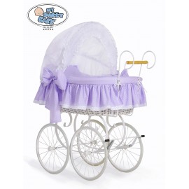 Berceau rétro et sa parure complète lilas à pois et blanc châssis blanc